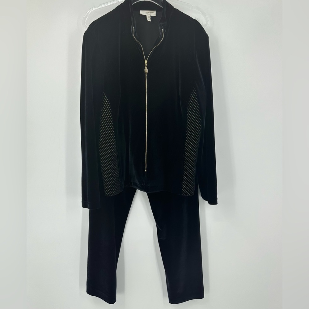 St John Sport Velour Jogging Suit Jacket Medium Pants Large Black Gold Full Zip